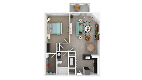 Floor plan for 1 bed, 1 bath, 736 sqft
